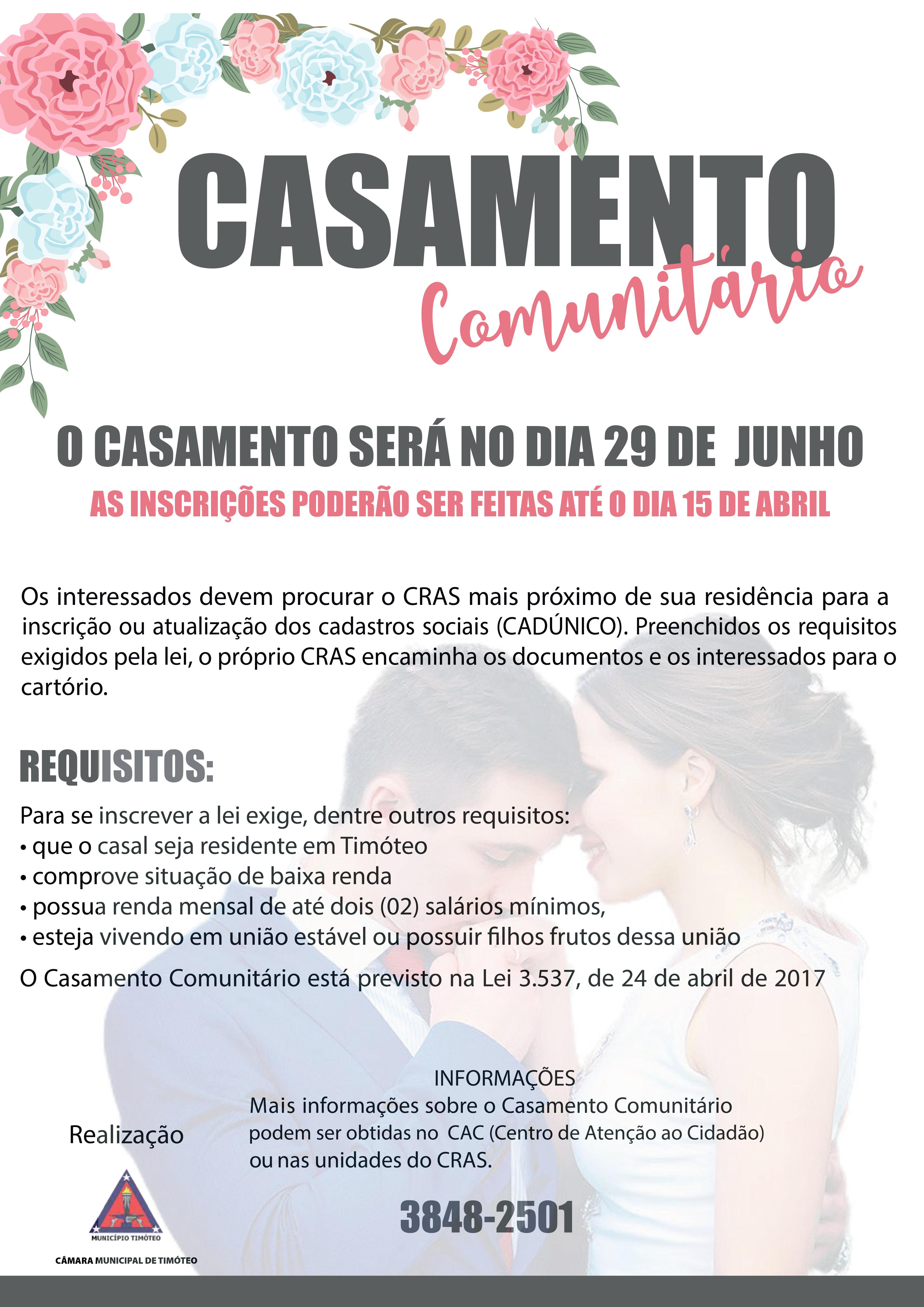 Inscrições prorrogadas para o Casamento Comunitário em Timóteo 